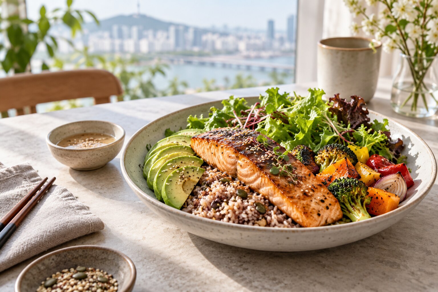 A colorful balanced meal with salmon, grains, avocado and vegetables