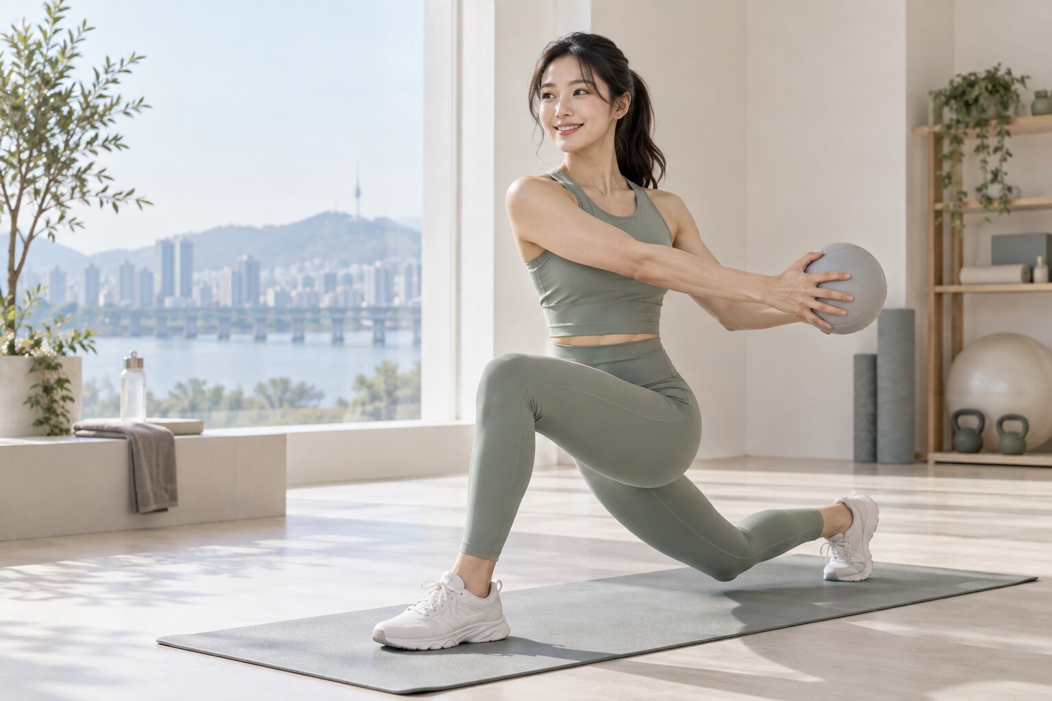 A Korean woman enjoying a strength and mobility workout in a bright studio