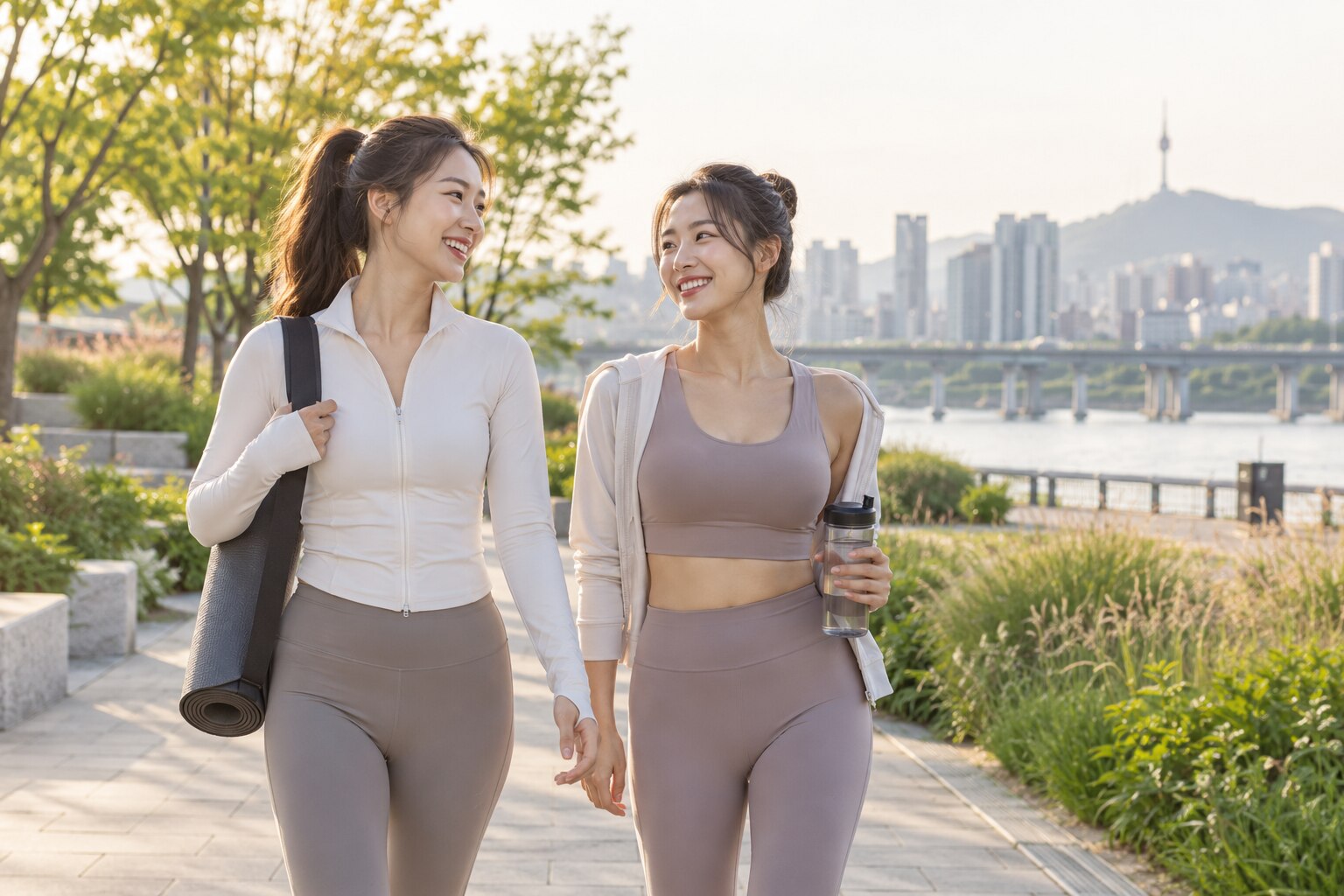 Two Korean women walking together after a wellness workout in Seoul