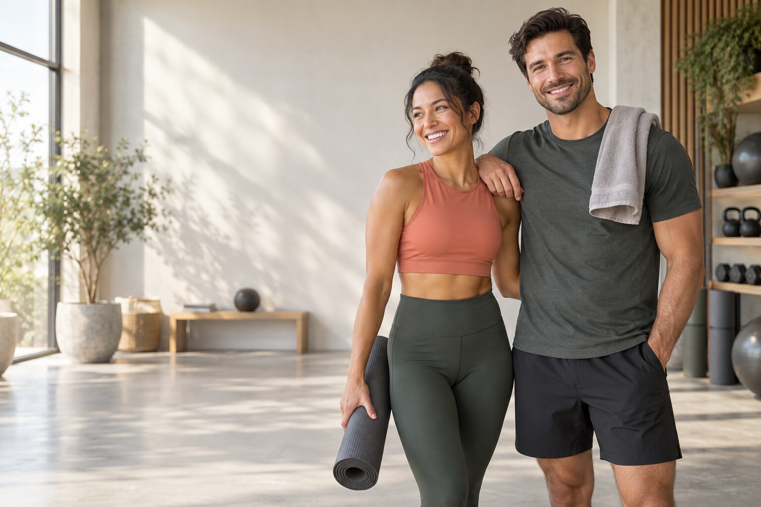 A stylish man and woman smiling together in a bright wellness studio